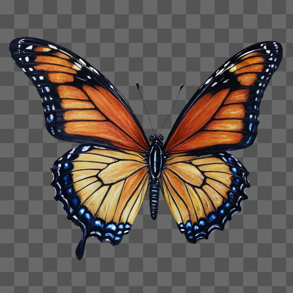 butterfly drawing realistic A butterfly with orange and black wings on a dark background