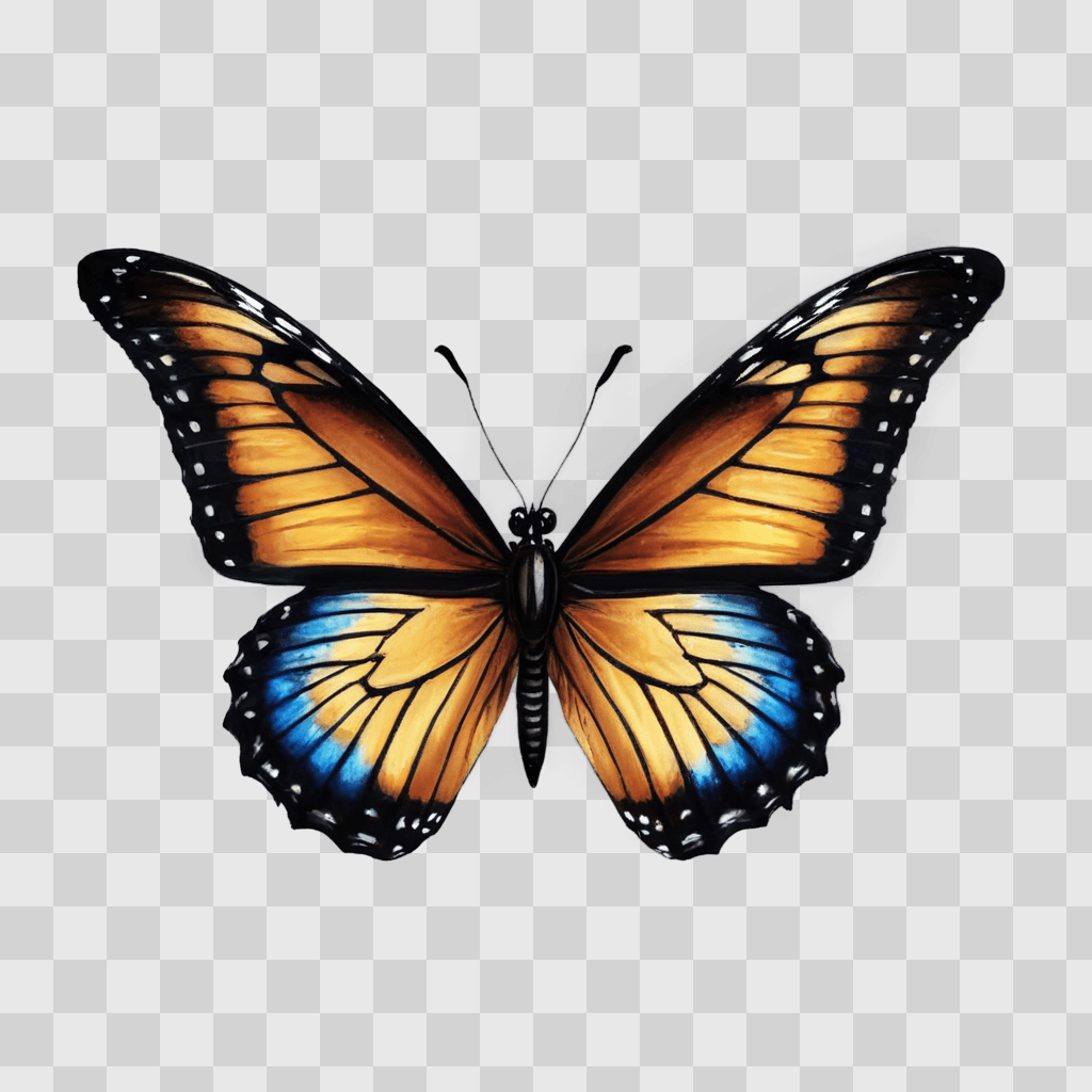 butterfly drawing realistic A vibrant butterfly with blue wings on a brown background