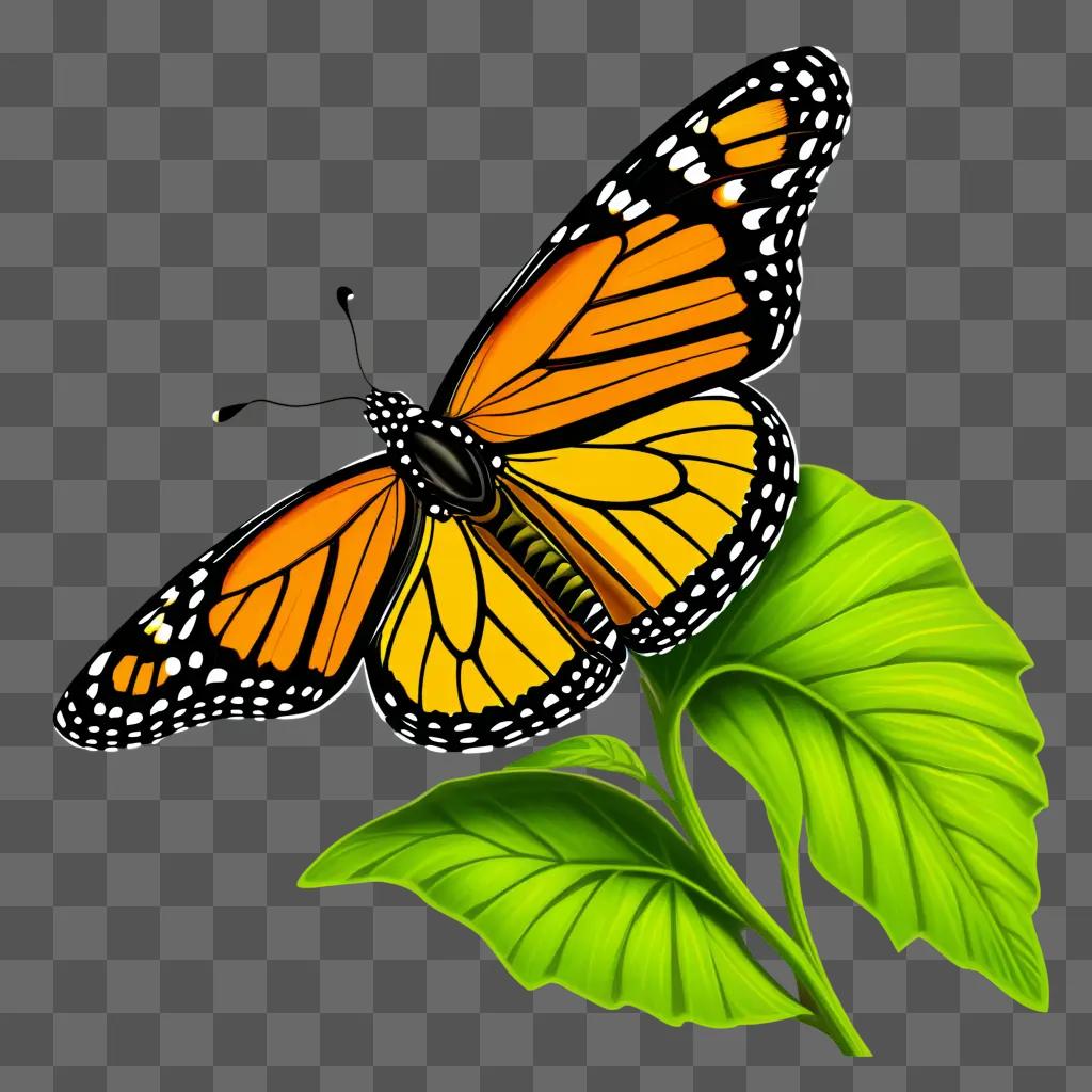 butterfly is depicted on a leaf in a cartoon drawing