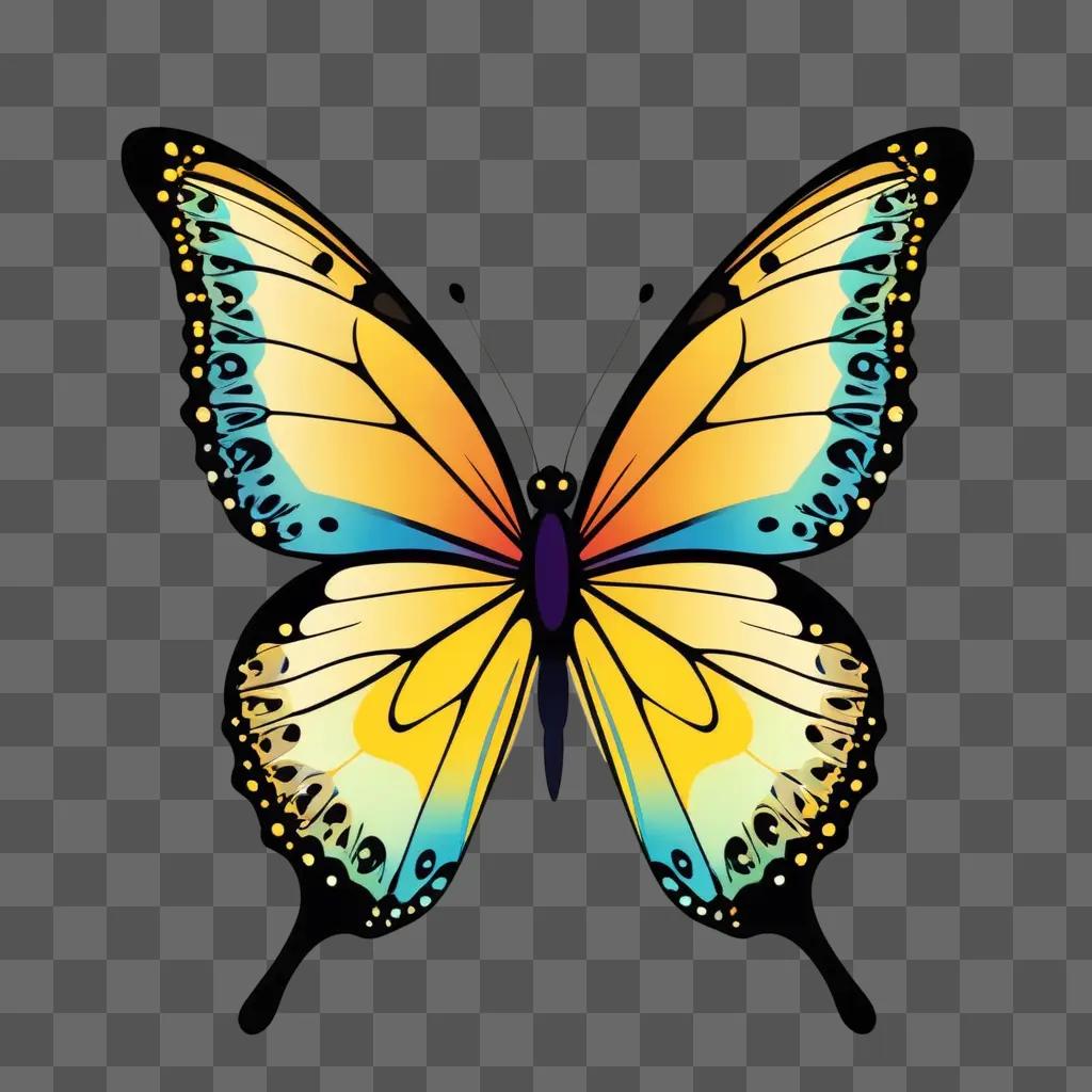 蝶は青と黄色のパターンの緑の背景にあります