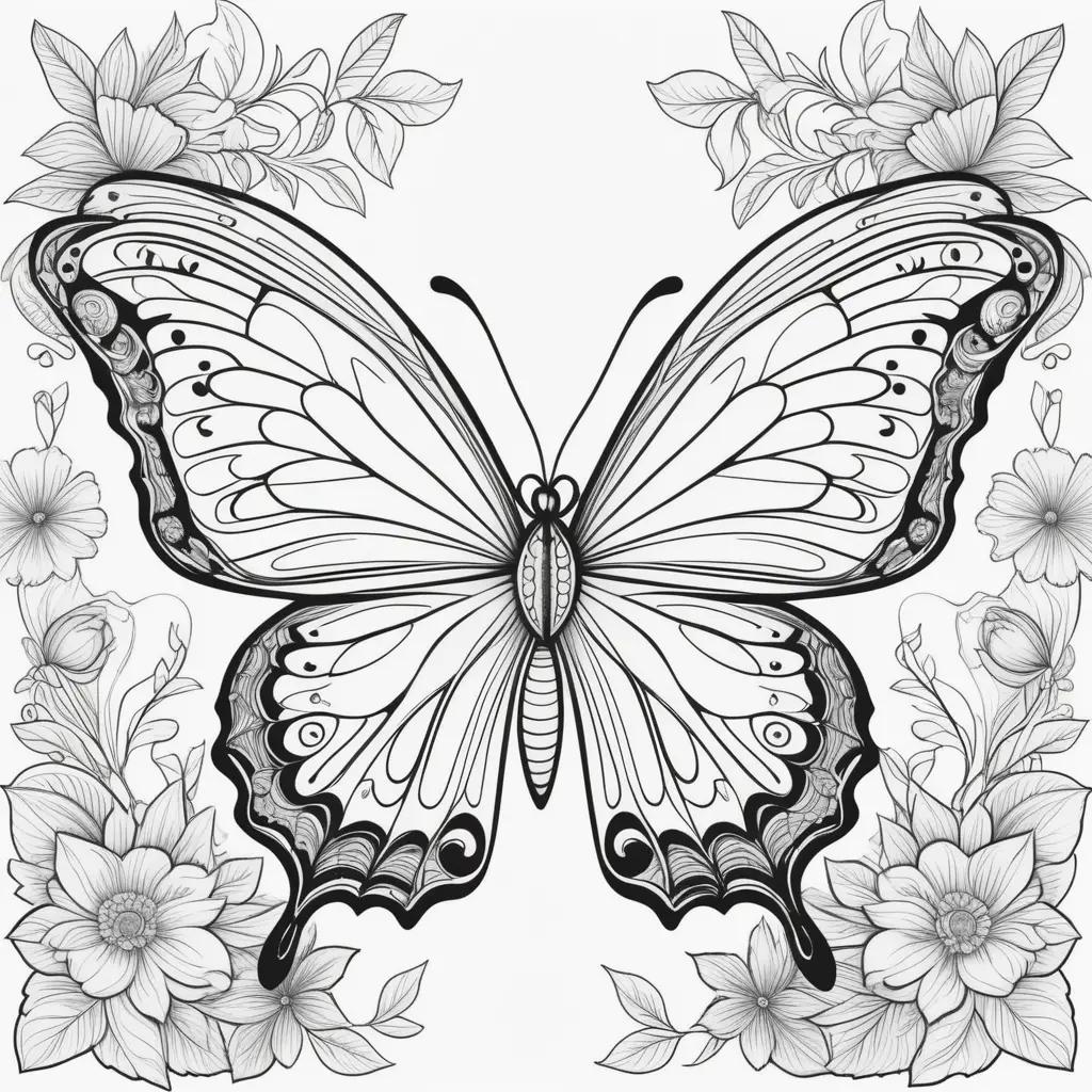 butterfly with a floral background, ready to be colored in