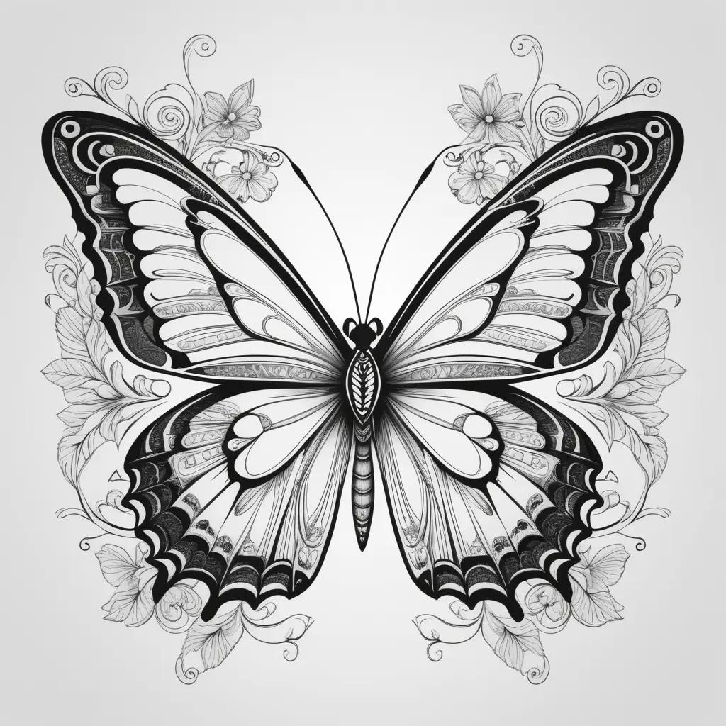 butterfly with black and white color page on a white background