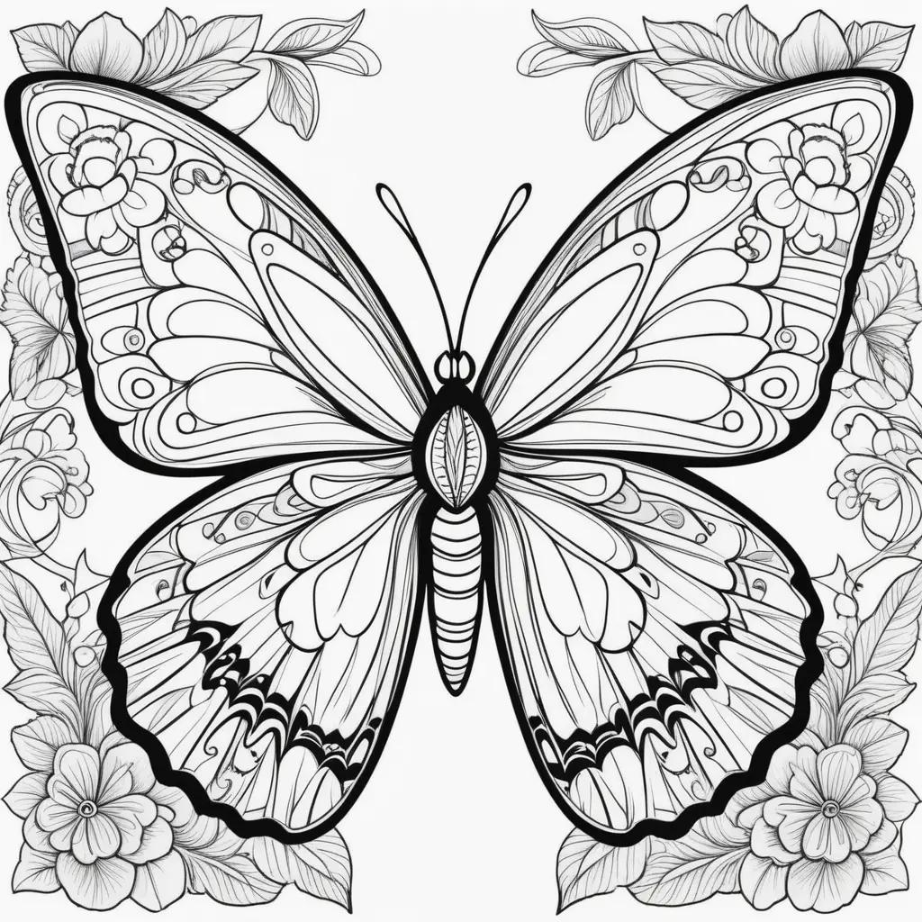 butterfly with intricate designs and flowers surrounding it in black and white coloring pages