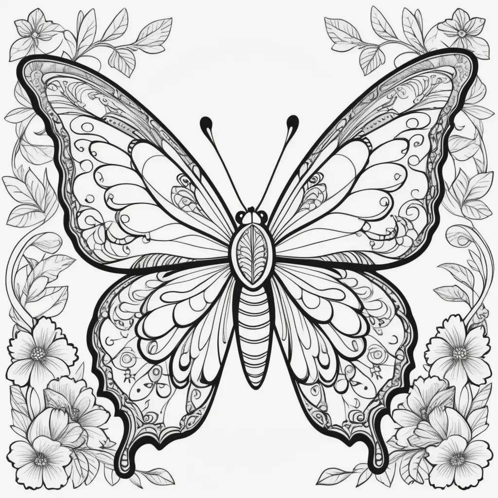 butterfly with intricate details is the focus of this coloring page