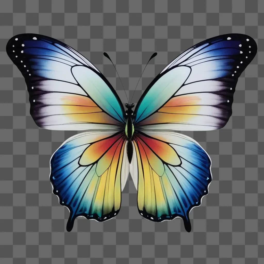 butterfly with multicolored wings is depicted in a dark background