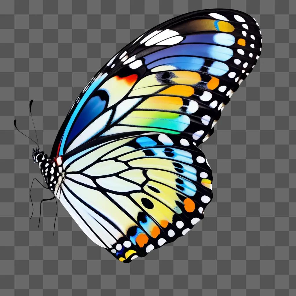 鮮やかな羽を持つ蝶が灰色の背景に飛ぶ