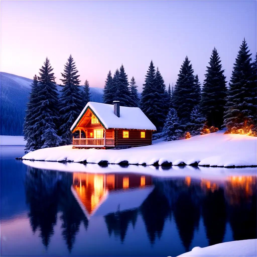 cabin sits on a lake, surrounded by snow and Christmas lights