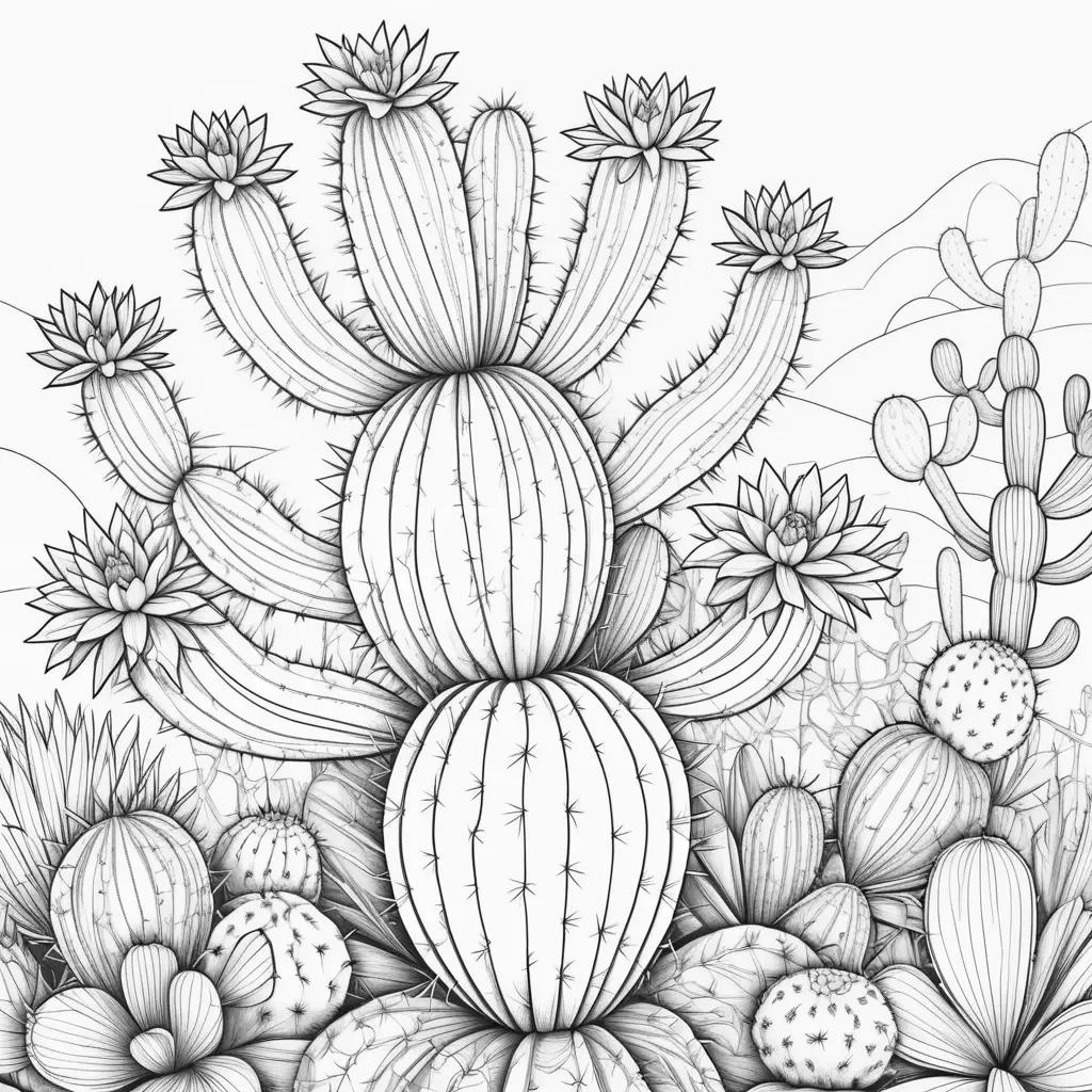 cactus coloring page with various flowers and leaves