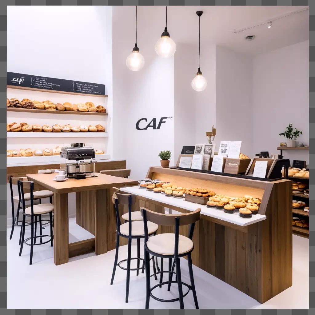 cafe with wooden tables and stools