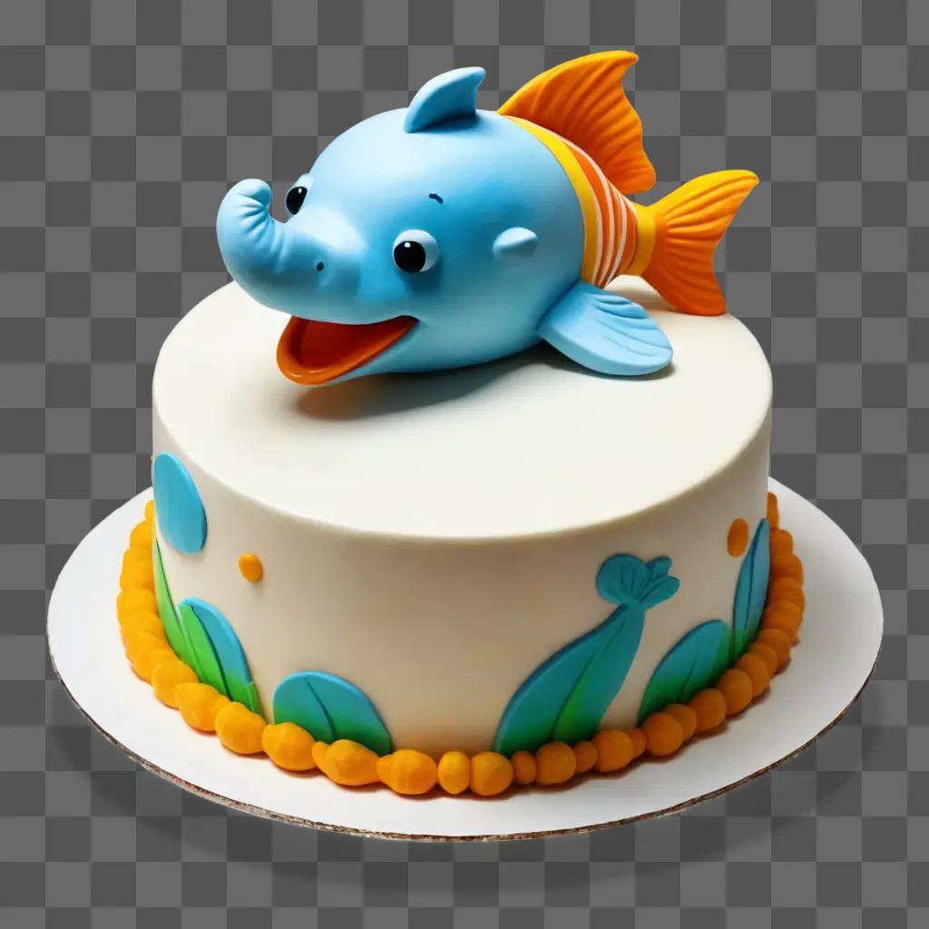 cake drawing for kids A blue fish cake sits on a plate