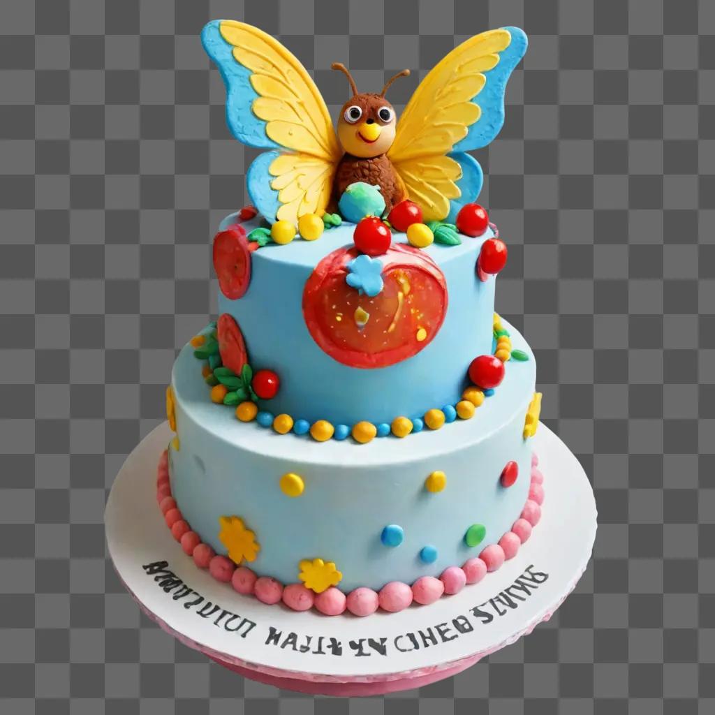 cake drawing realistic A butterfly cake decorated with colorful candies and letters