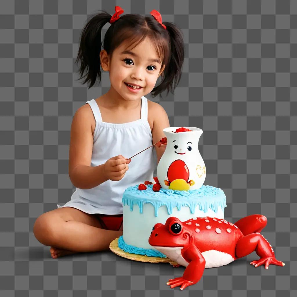 cake drawing realistic A girl with pigtails sits by a cake with a frog