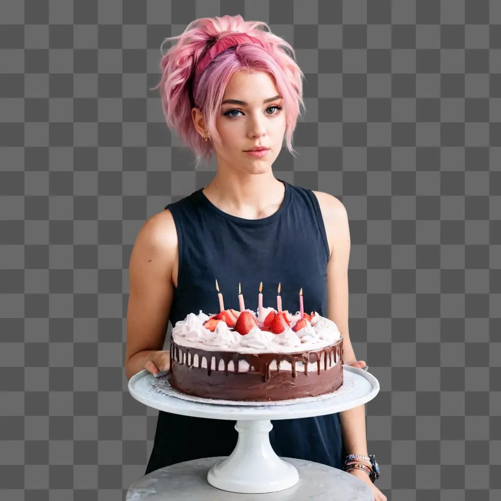 ケーキの描画リアルピンクの髪の女性は、ろうそくとチョコレートケーキを持っています