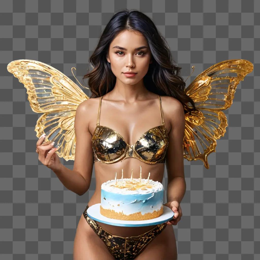 cake drawing realistic Brunette model in a bikini with butterfly wings holds a cake