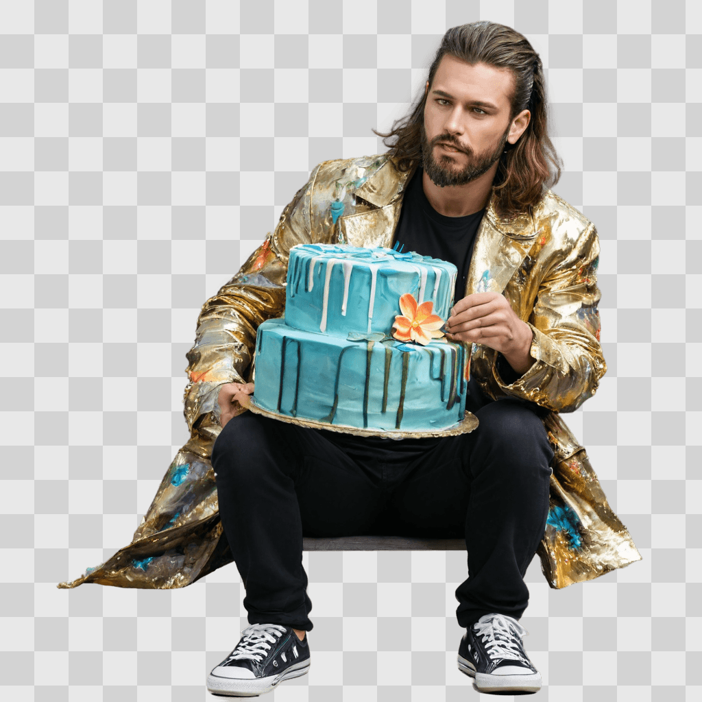 cake drawing realistic Man with long hair sits with a blue cake