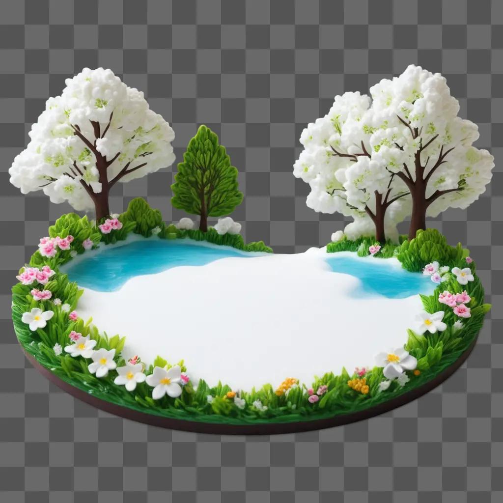 cake with white flowers and trees on a green background