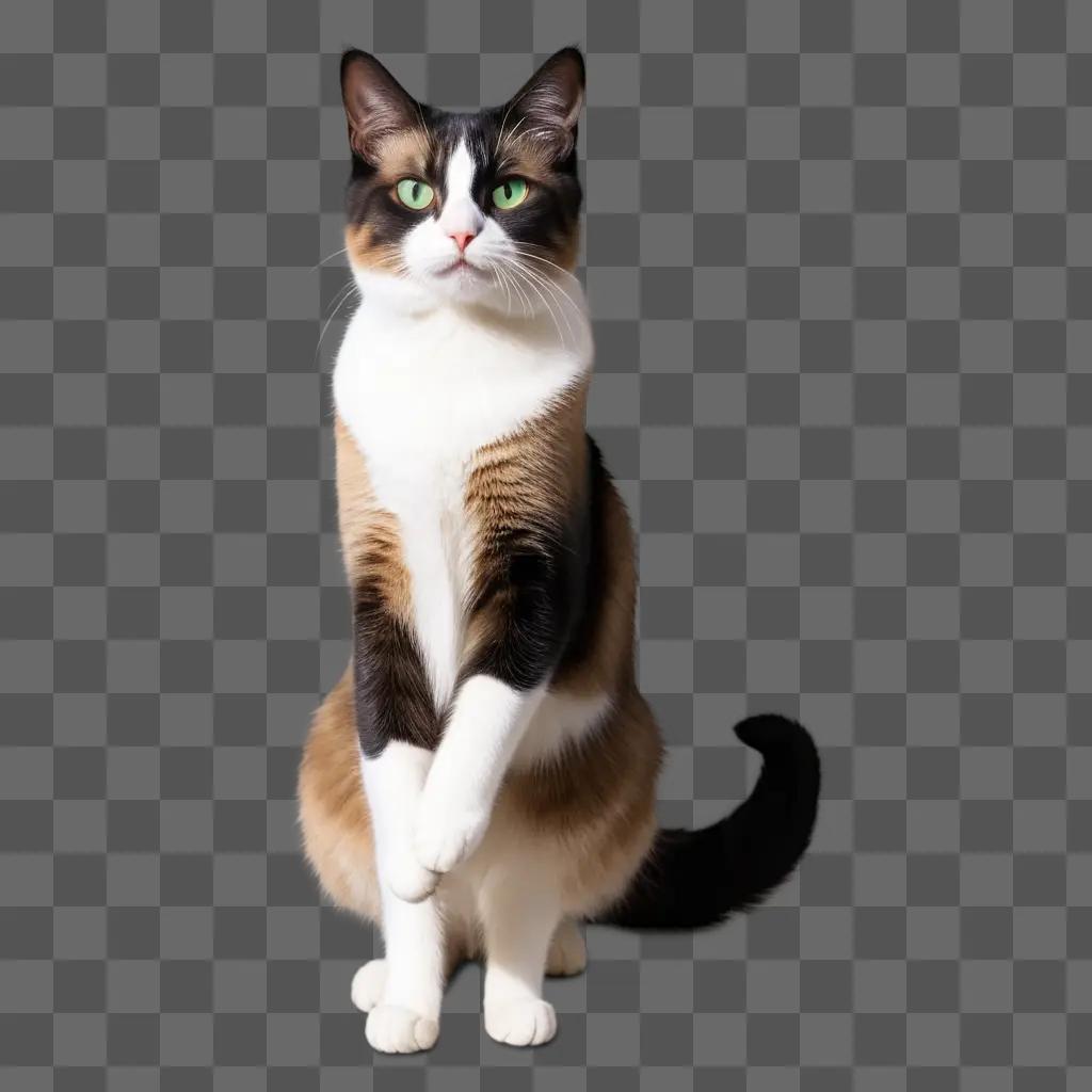 calico cat stands with its back leg extended