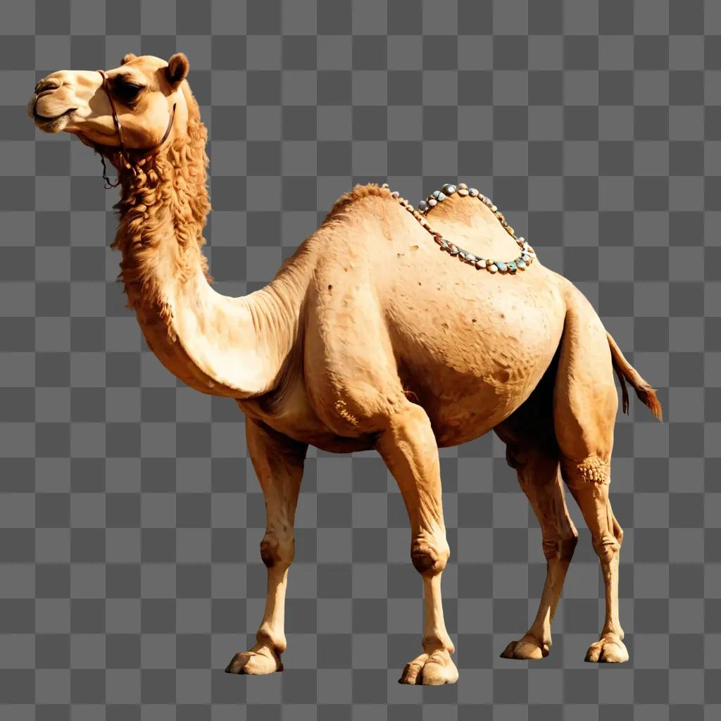 camel clipart A camel with a necklace on it stands in the middle of a brown background