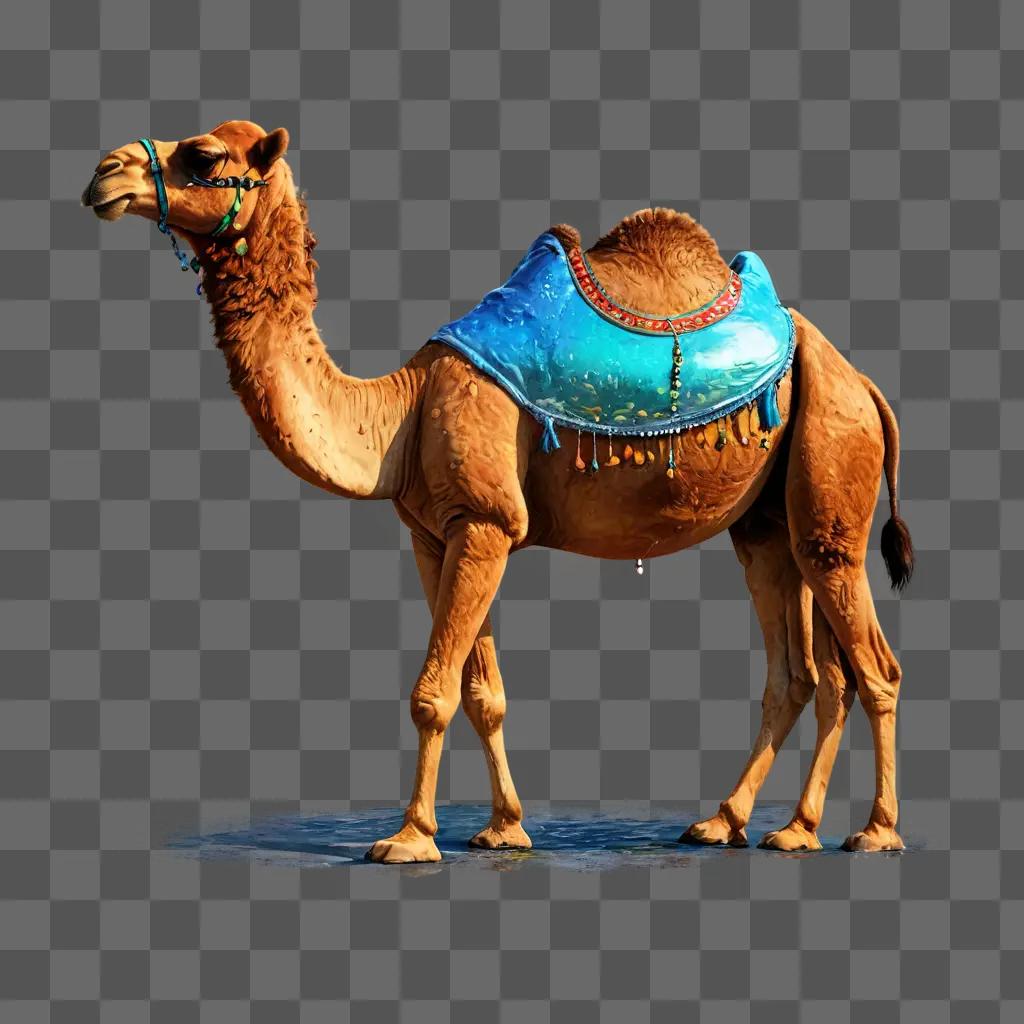 camel drawing with colour A camel with a blue saddle on a brown background