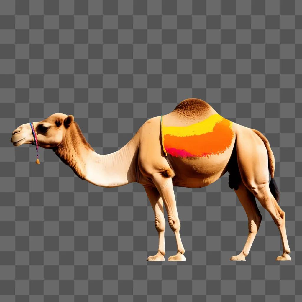 camel with a colourful saddle and a purple string