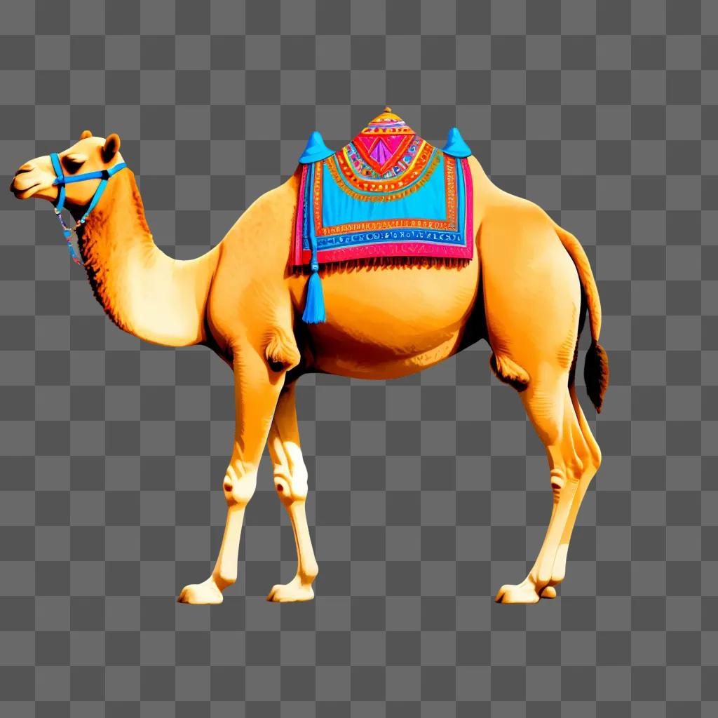 camel with colorful saddle and blue bridle