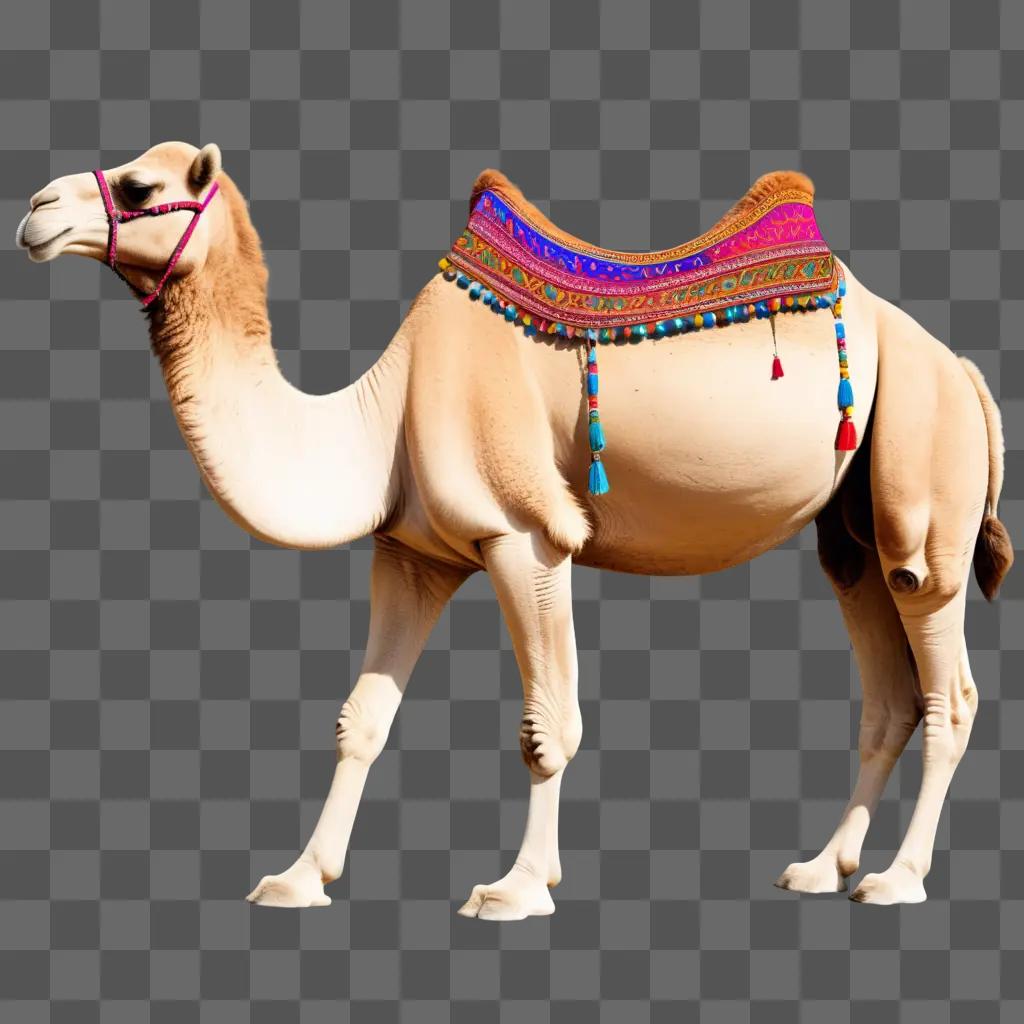 camel with colorful saddle and tassels on its back