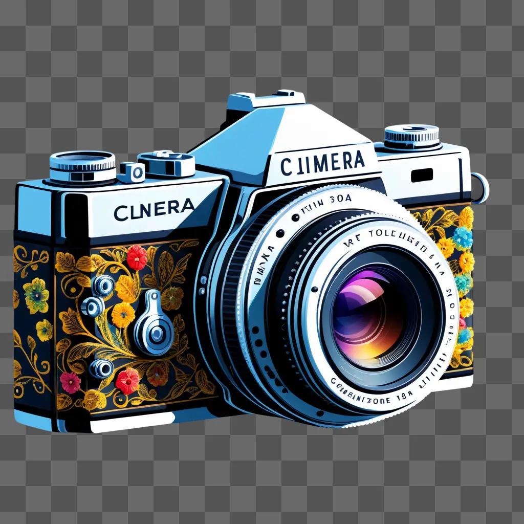 camera clipart with a flower design and the word CINERA