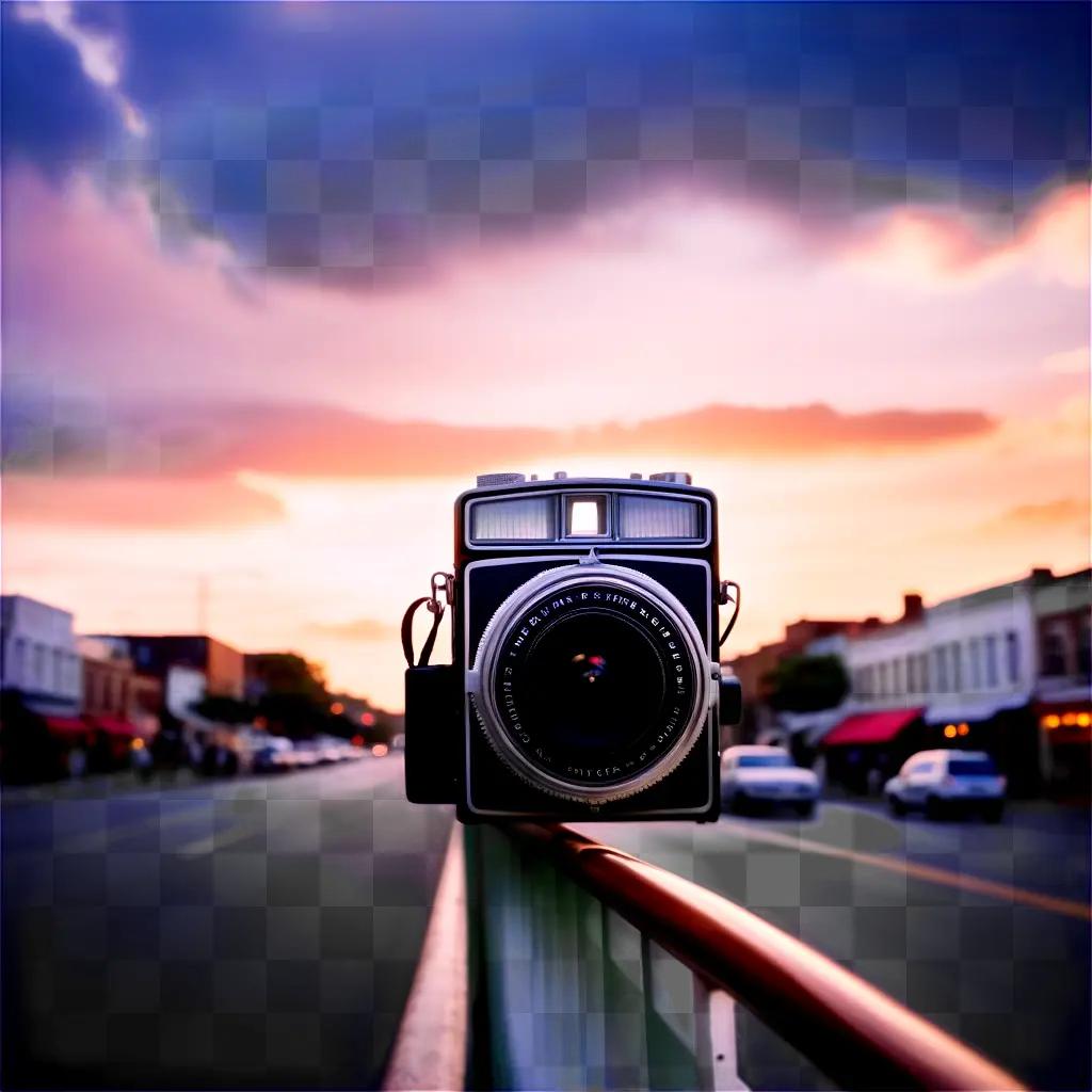 camera shutter captures an old town at sunset