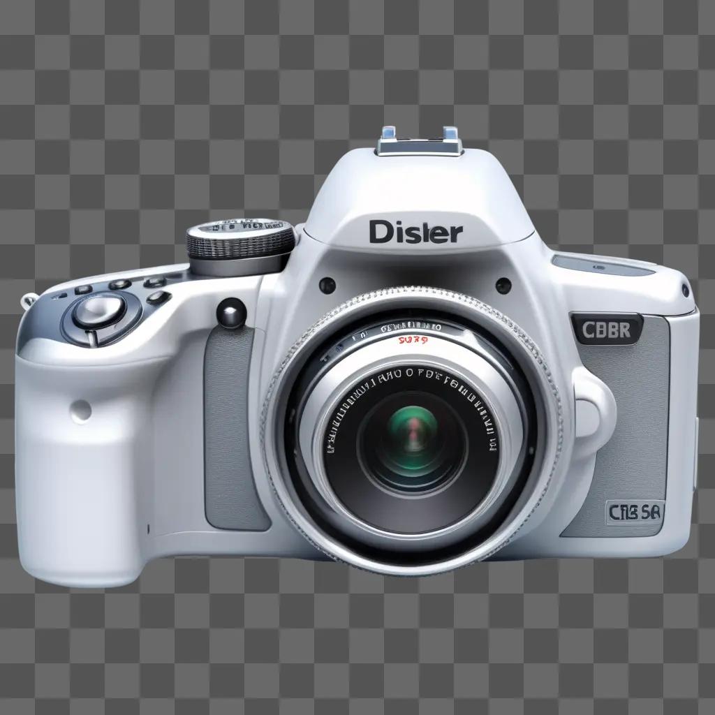 camera sits on a grey surface with a black and white clipart of a camera