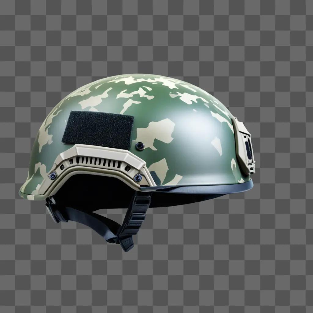 camouflage army helmet sits on a gray background