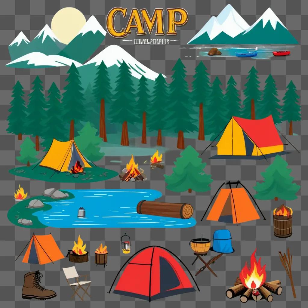 camp scene with campers and a lake