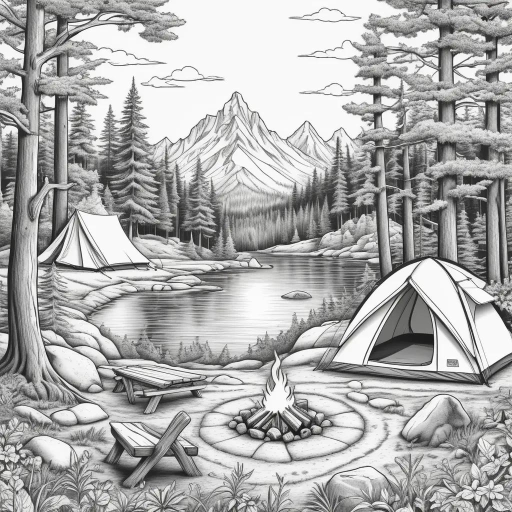 camping scene with a campfire and tent in the woods