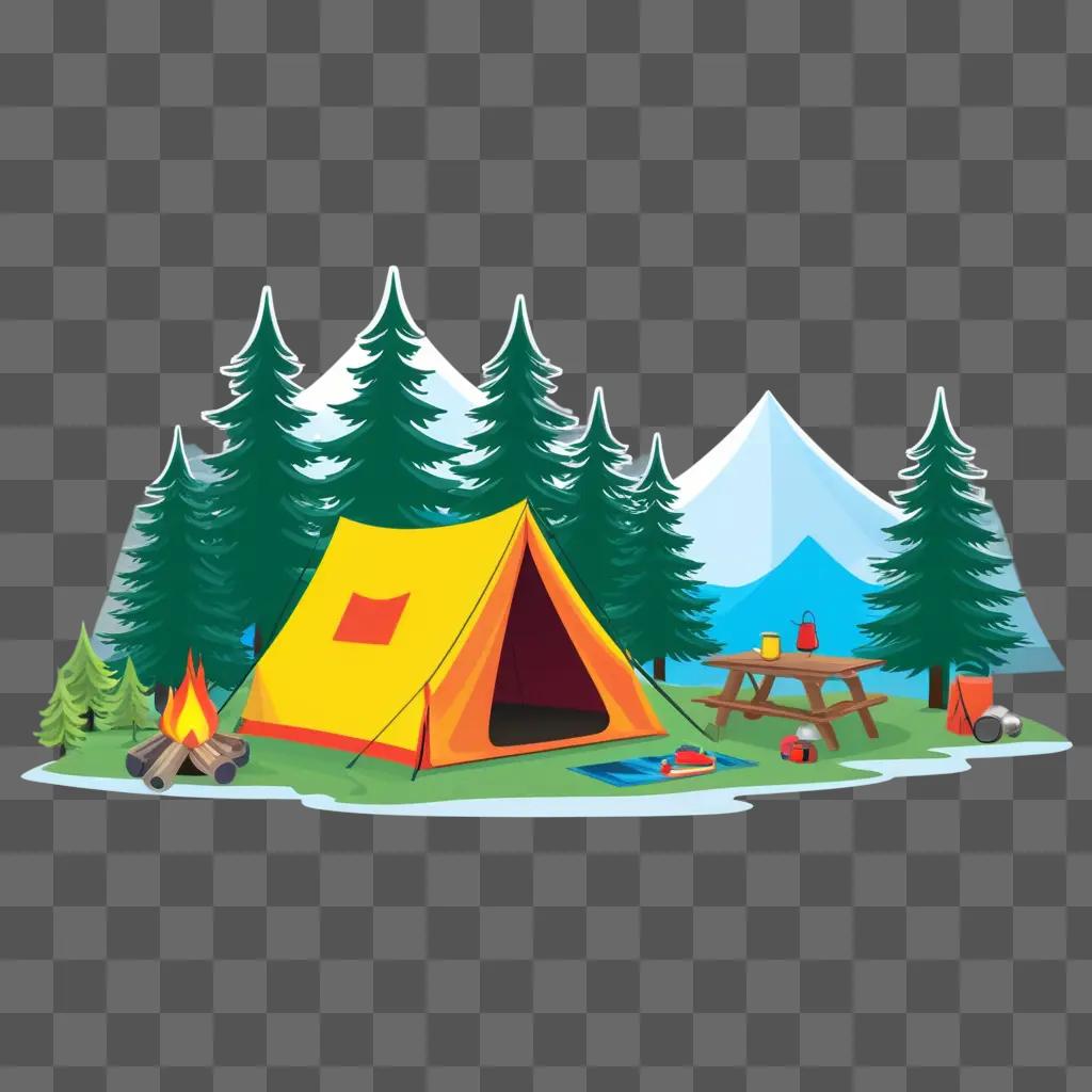 camping scene with a tent and picnic table