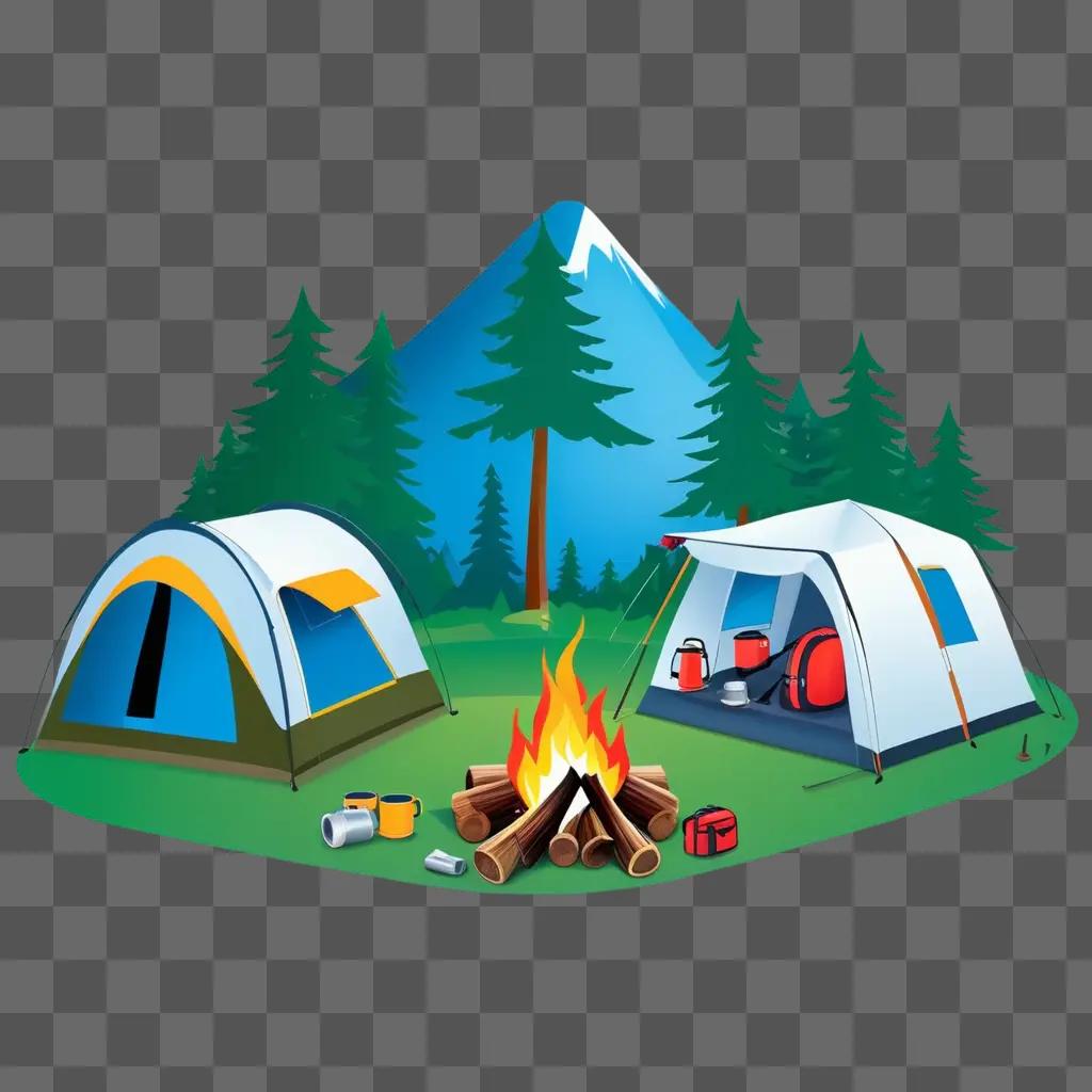 campsite with a fire and tents in a forest