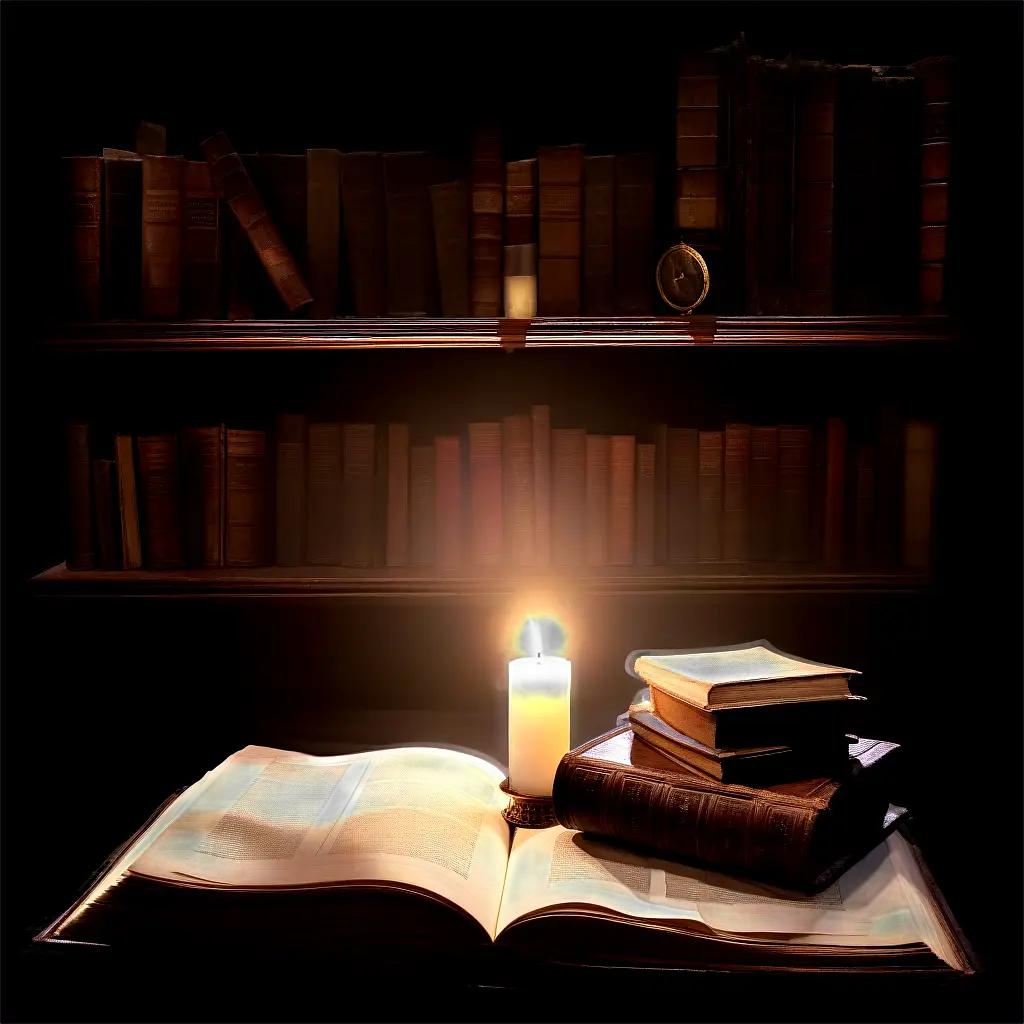 candle illuminates an old book and a clock