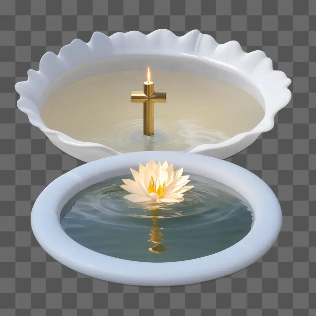 candle lit in a bowl, with a water lily