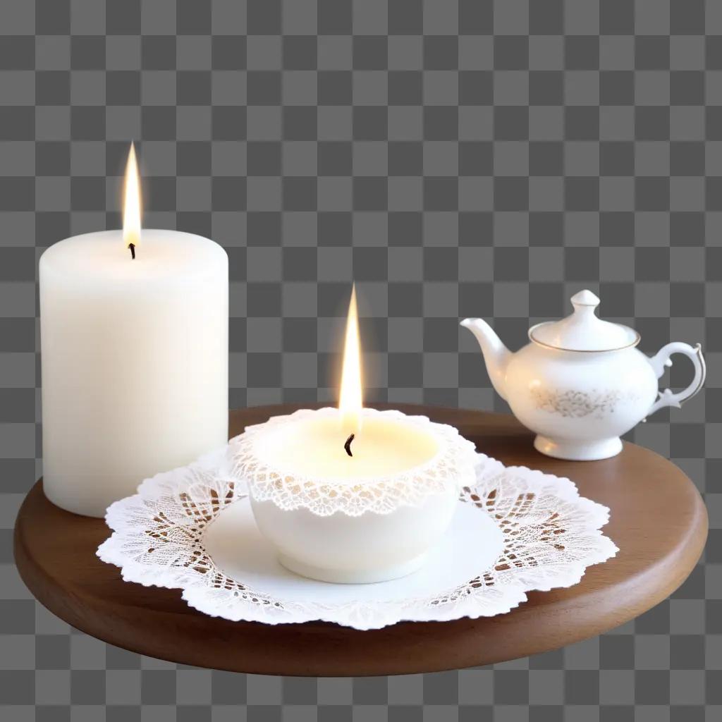 candle on a doily with a tea pot