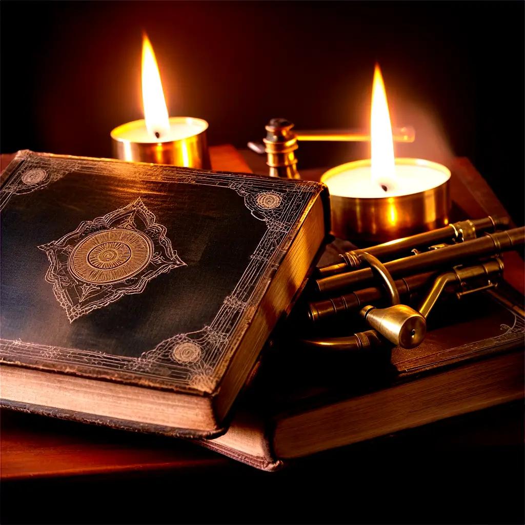 candle sits atop a book with brass tools