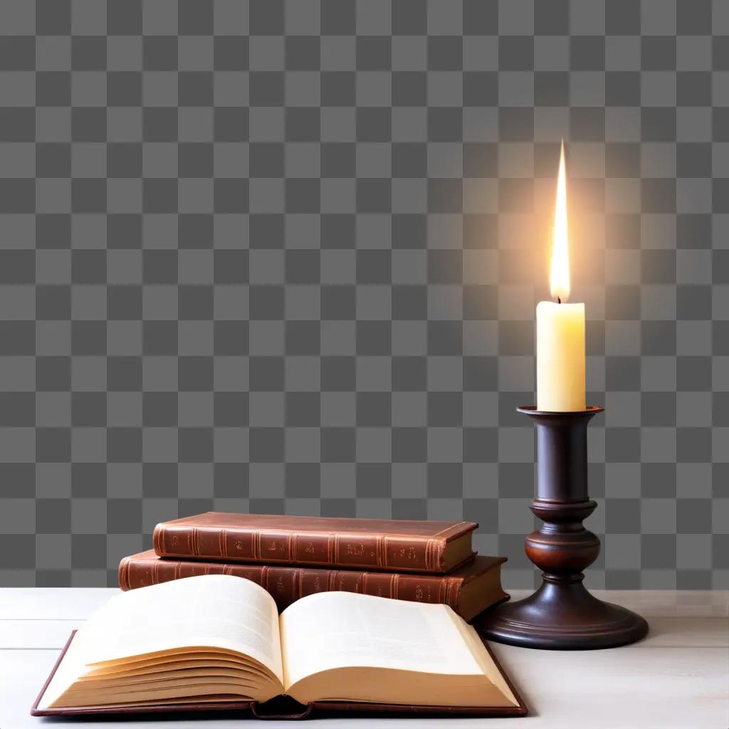 candlelight reads a book on a wooden table