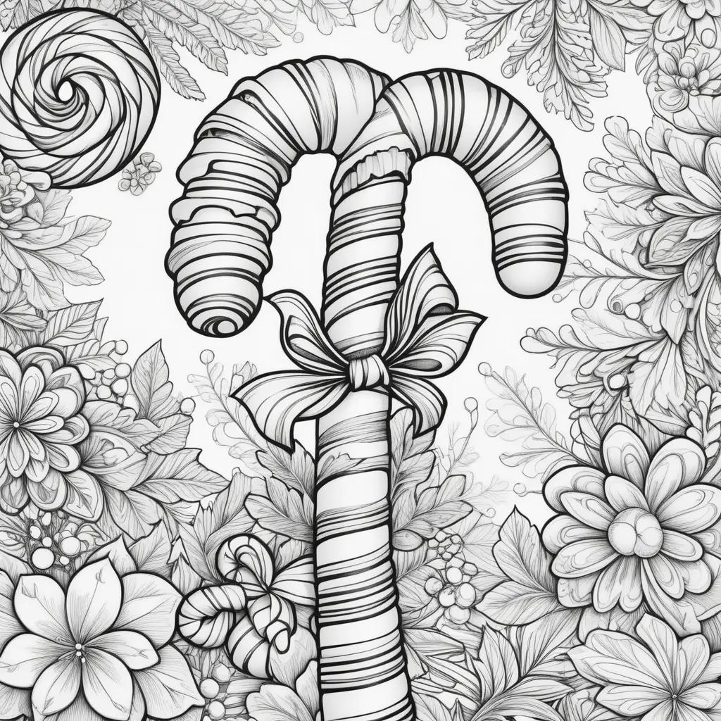 candy cane with a bow on it, surrounded by leaves and flowers