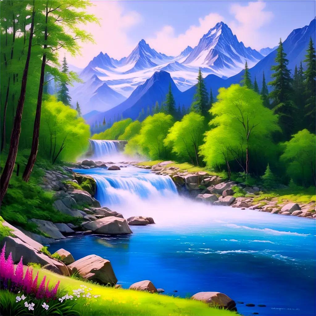 canvas painting of a mountain stream