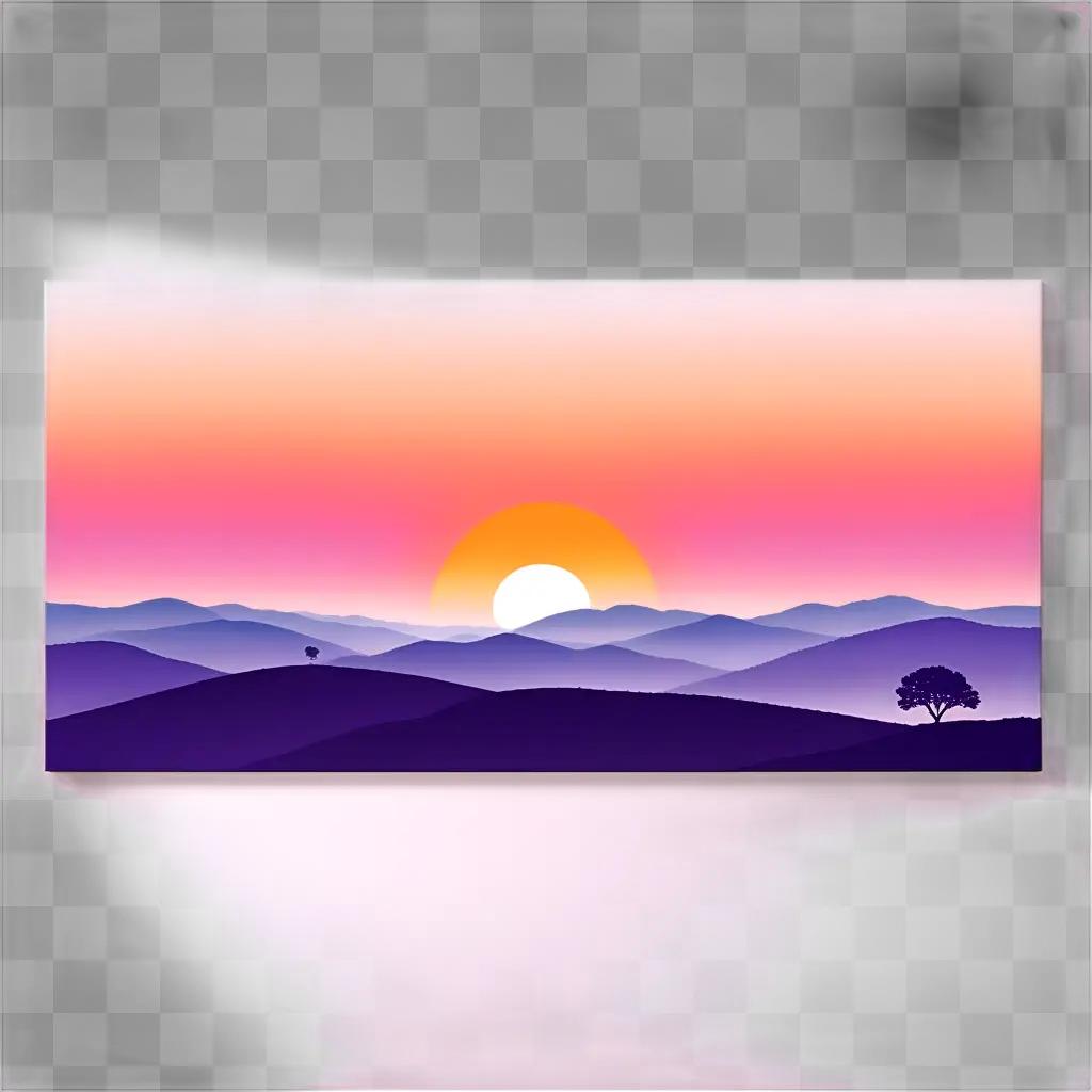 canvas painting of a sunset landscape with mountains and trees