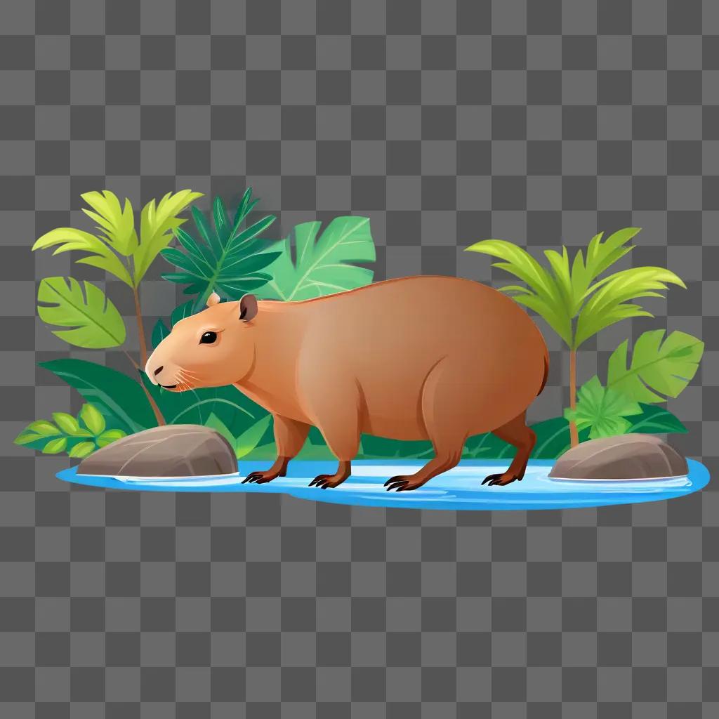 capibara crossing a stream with rocks and palm trees in the background