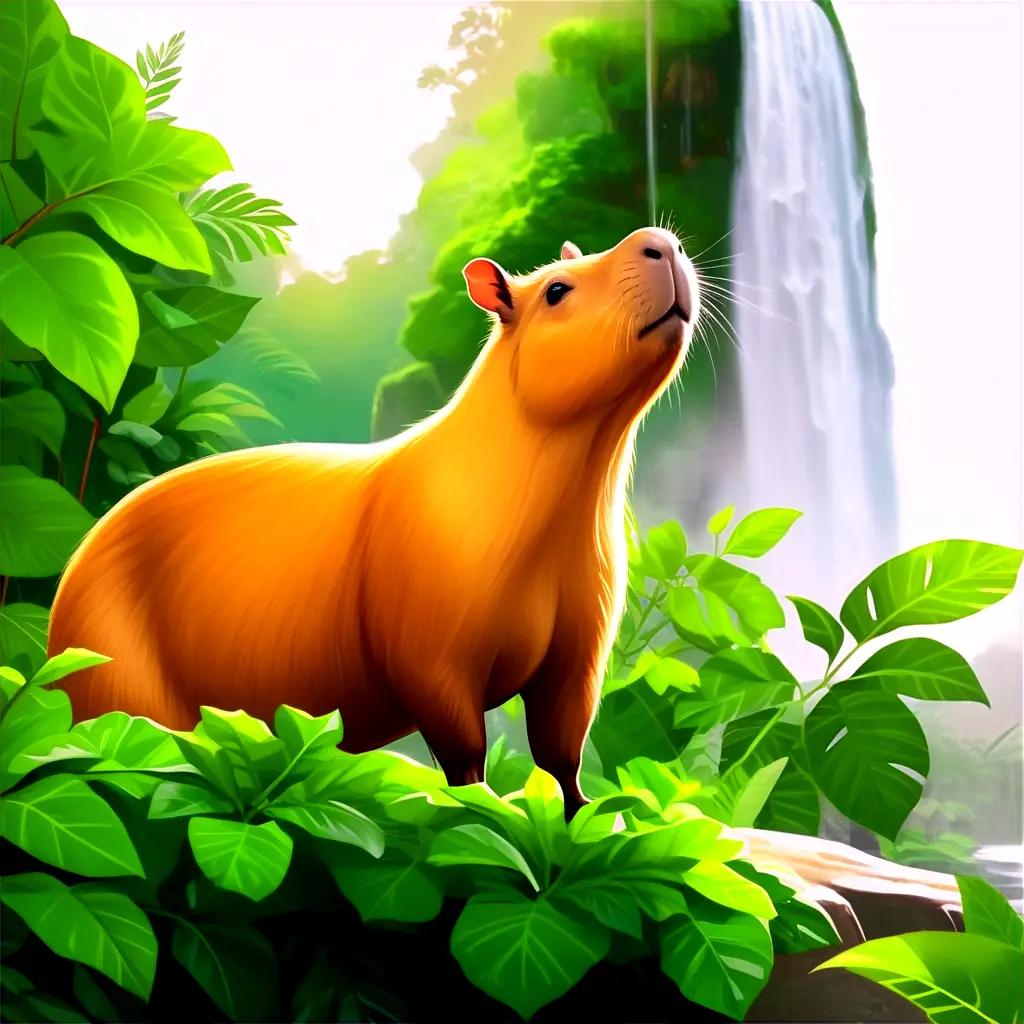 capibara in the jungle with a waterfall in the background