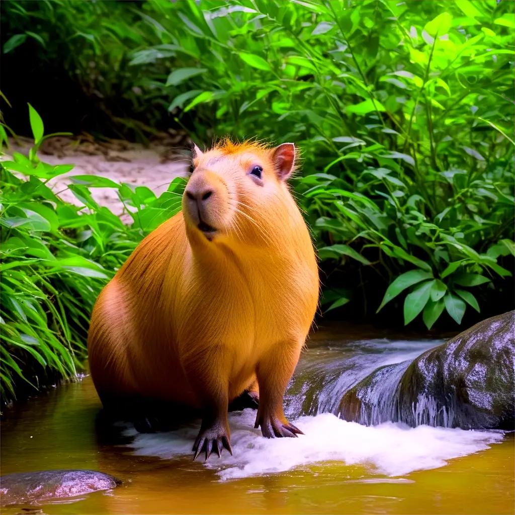 capibara is in the water with plants around