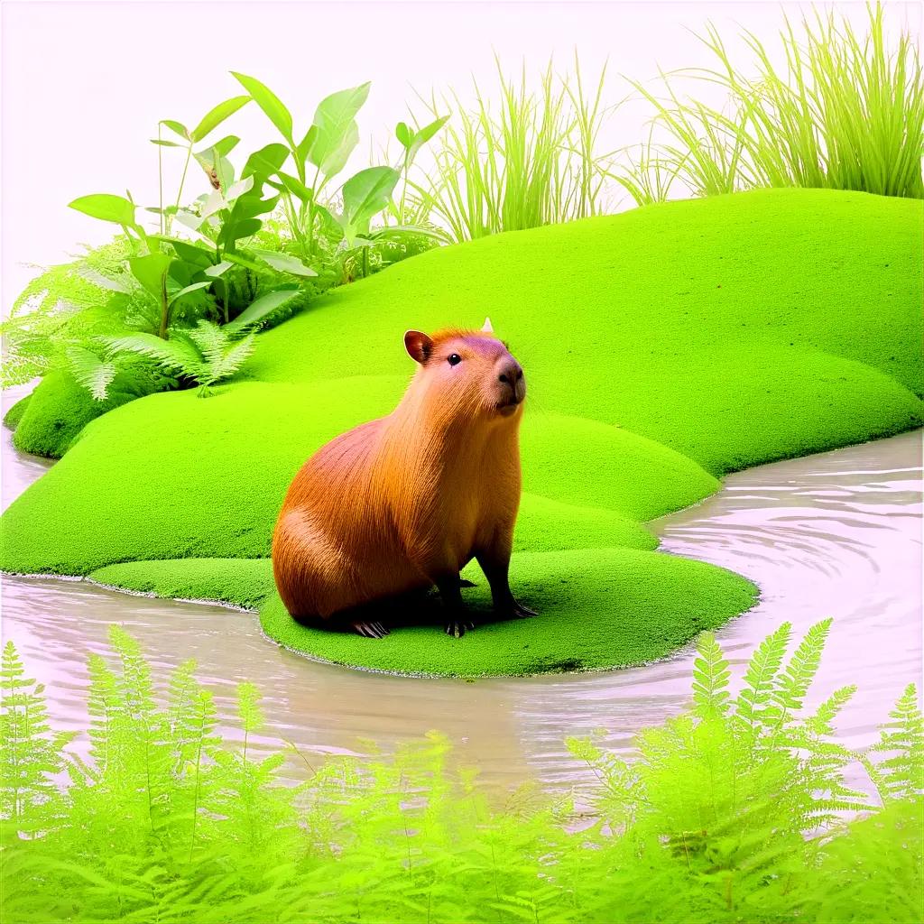 capibara sits on a rock in a tropical environment