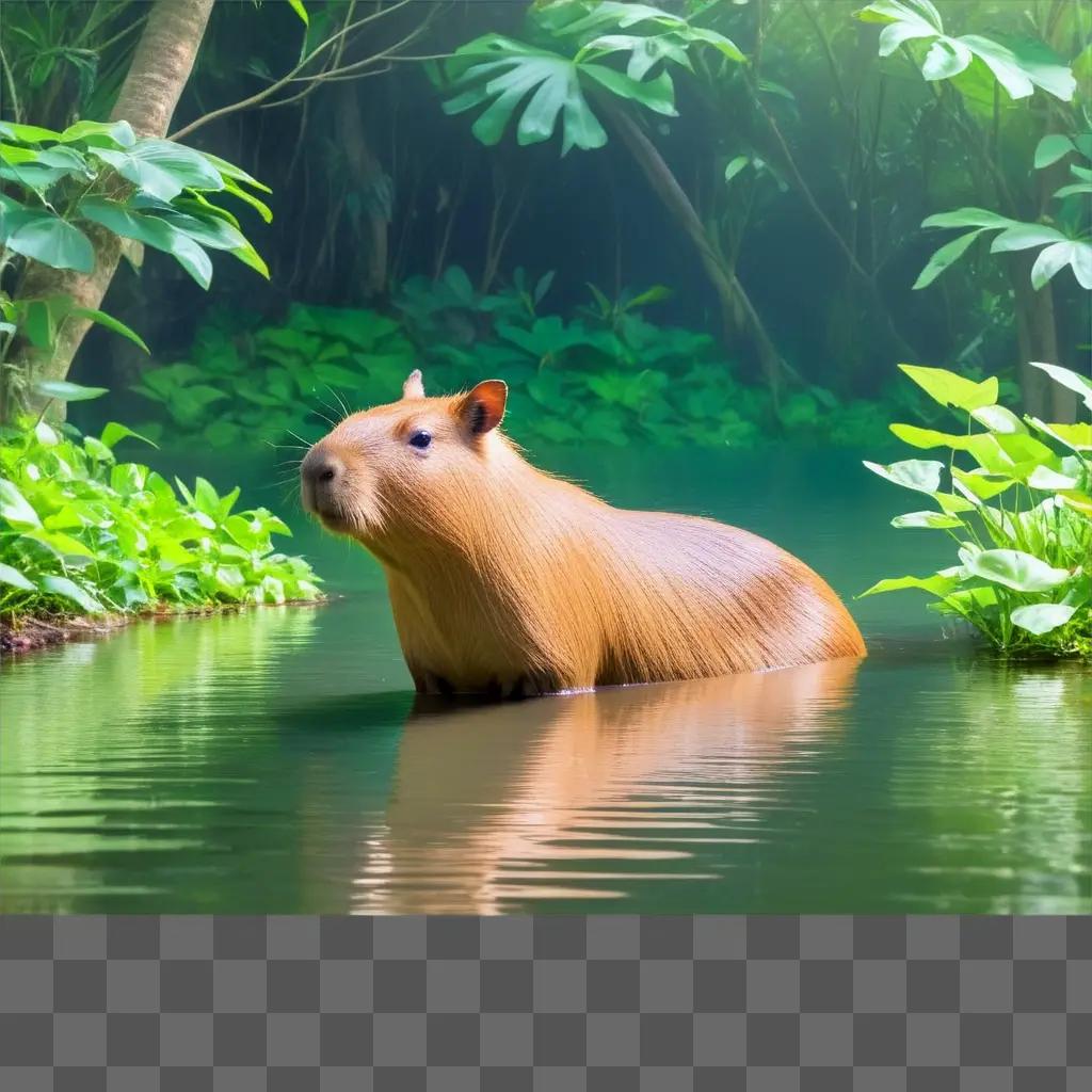 capibara stands in a green stream