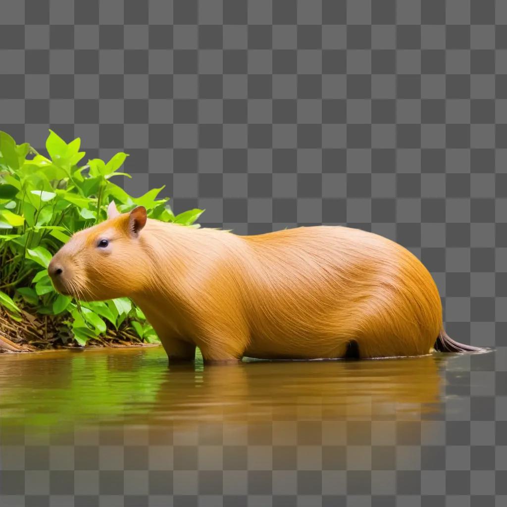 capibara swims in the water near a green plant