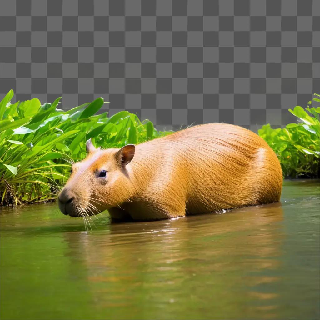 capibara swims through water with lush greenery in the background