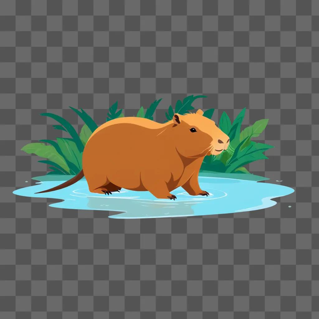 capibara wades through water in a tropical setting